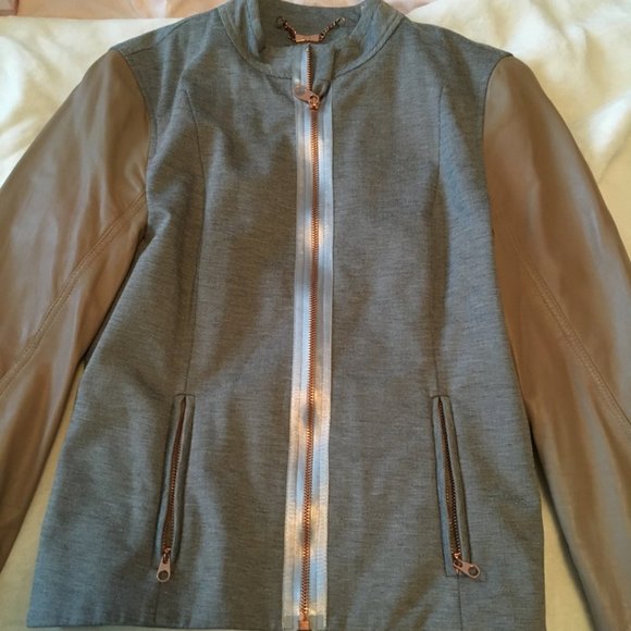 Ted Baker Beyty Grey blazer jacket zip up with tan brown leather sleeves size 1 - Picture 3 of 16